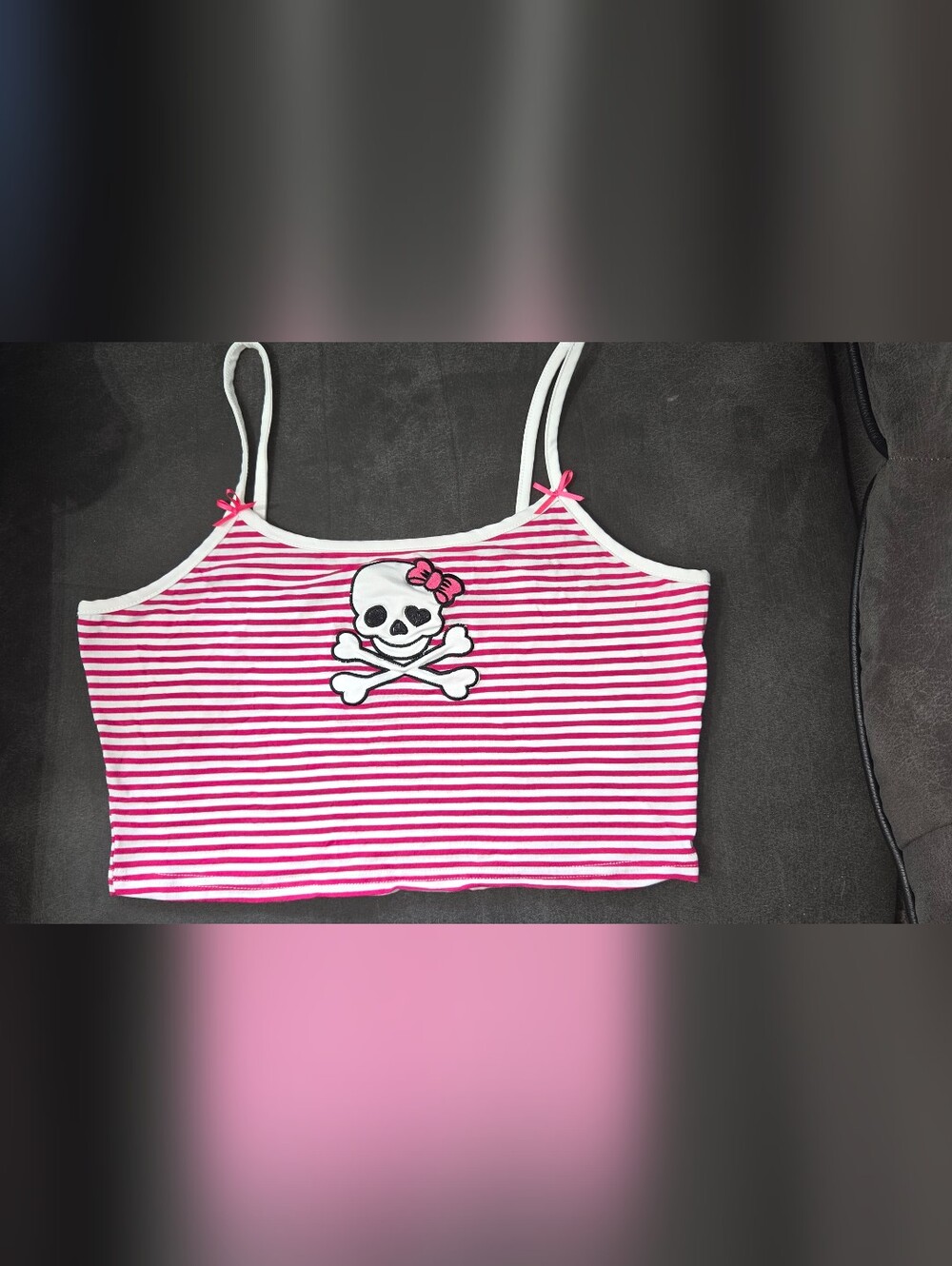 Cropped Skull Tanktop. ROMWE Pink & White Striped Skull Tank Top for Girls